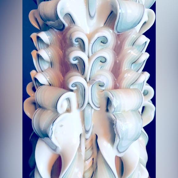 Handmade Carved Candle White with shades of green & shell, pink 12.5" h x 5.5"w - Picture 12 of 14